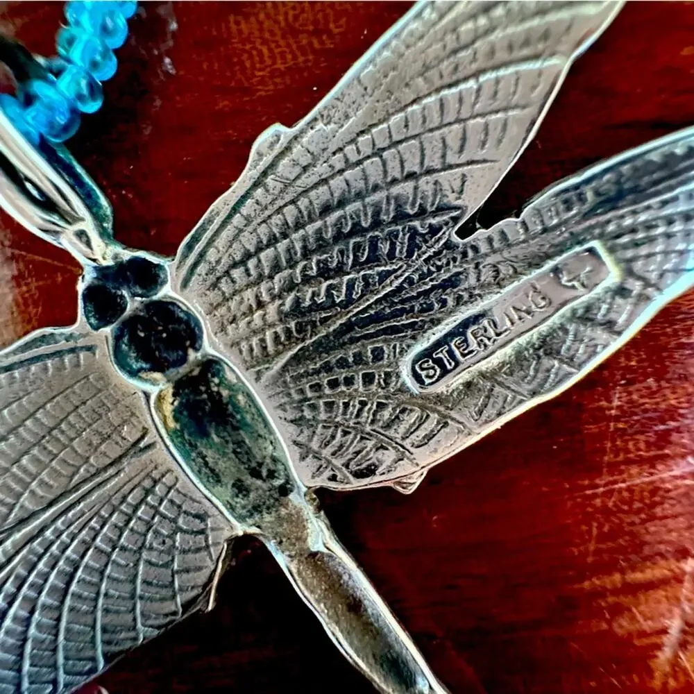 Sterling Silver Dragonfly Pendant Necklace Blue Beads Boho Beaded Casual Jewelry